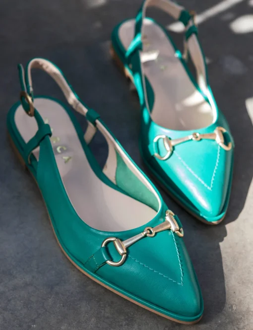 Ballerina slingback decoltè tacco 1 cm verde pelle