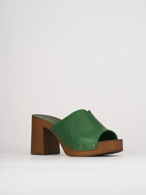Ciabatta zoccolo da passeggio tacco 7 cm verde pelle