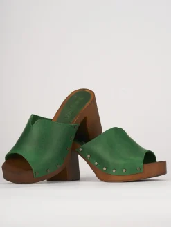 Ciabatta zoccolo da passeggio tacco 7 cm verde pelle