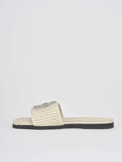 Ciabatte tacco 1cm tessuto beige