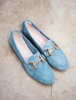 Mocassino tacco 1 cm azzurro camoscio