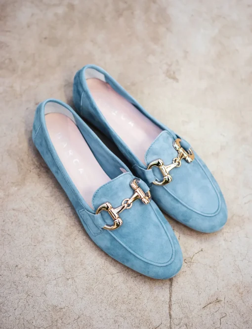 Mocassino tacco 1 cm azzurro camoscio