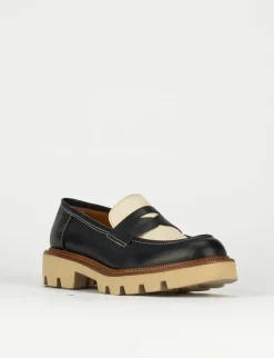 Mocassino tacco 1 cm blu pelle