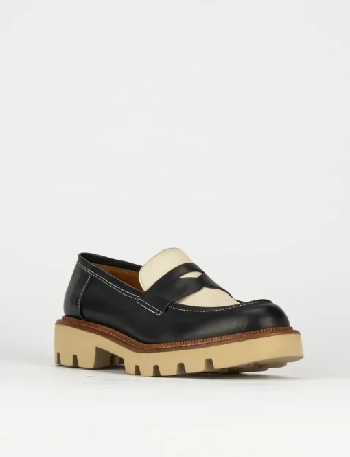 Mocassino tacco 1 cm blu pelle