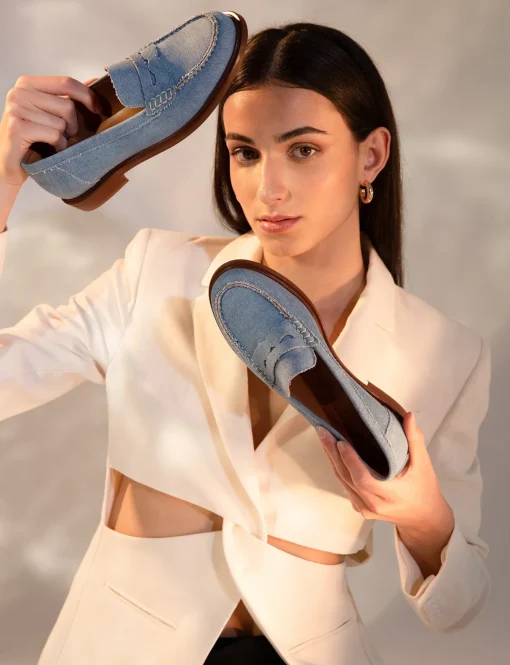 Mocassino tacco 1 cm jeans tessuto