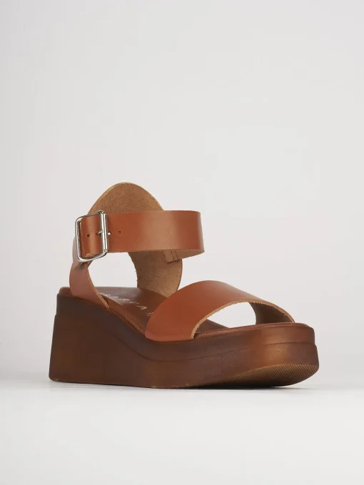 Sandali zeppa tacco 5cm pelle marrone