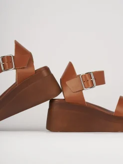 Sandali zeppa tacco 5cm pelle marrone