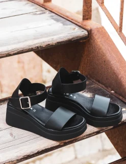 Sandali zeppa tacco 5cm pelle nero