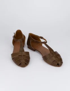 Sandalo tacco 1 cm marrone pelle