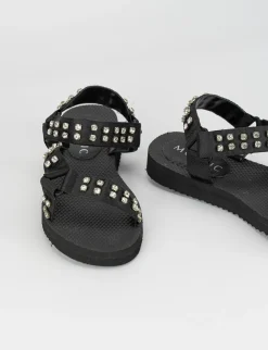 Sandalo tacco 1 cm nero tessuto