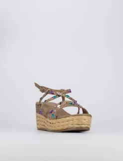 Sandalo zeppa 7 cm beige camoscio