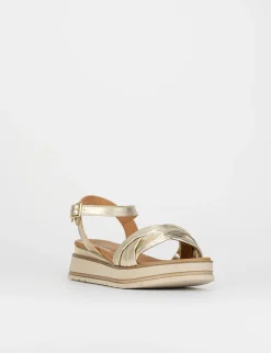 Sandalo zeppa 1 cm oro pelle