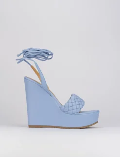 Sandalo zeppa tacco 11 cm con plateau di 3 cm azzurro pelle
