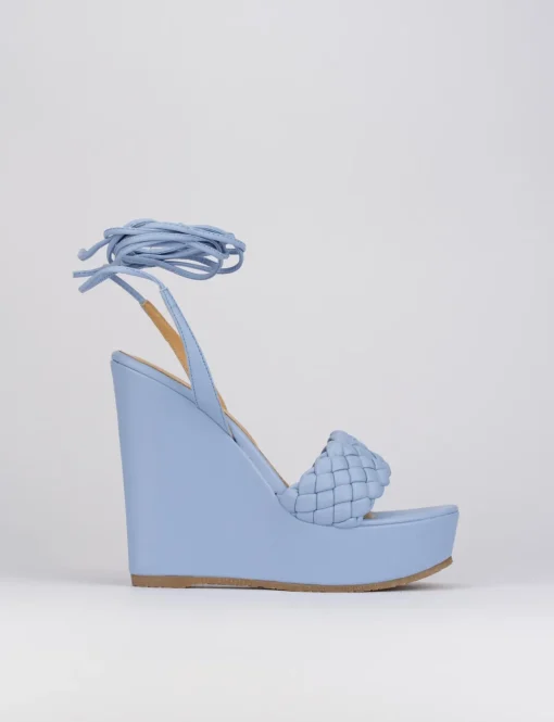Sandalo zeppa tacco 11 cm con plateau di 3 cm azzurro pelle