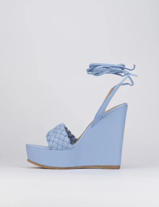Sandalo zeppa tacco 11 cm con plateau di 3 cm azzurro pelle