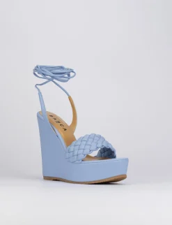 Sandalo zeppa tacco 11 cm con plateau di 3 cm azzurro pelle