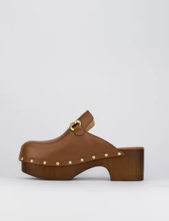 Sandalo zoccolo tacco 5 cm marrone pelle