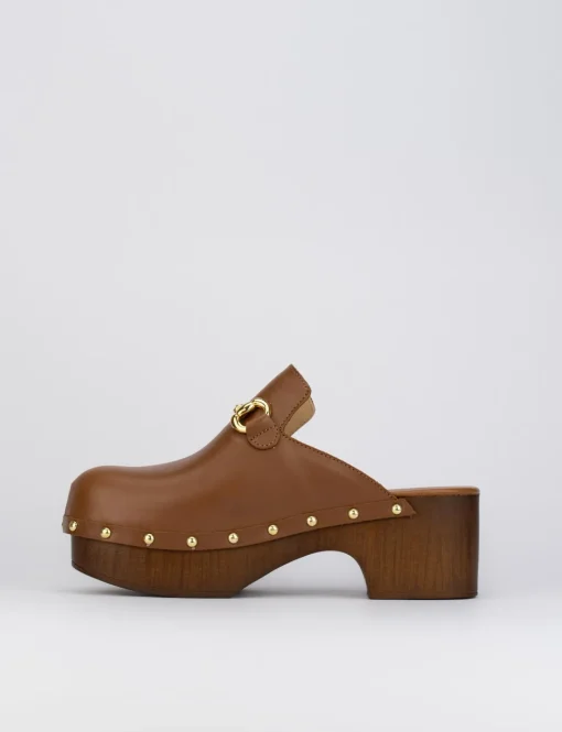 Sandalo zoccolo tacco 5 cm marrone pelle