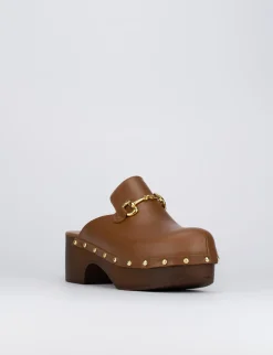 Sandalo zoccolo tacco 5 cm marrone pelle