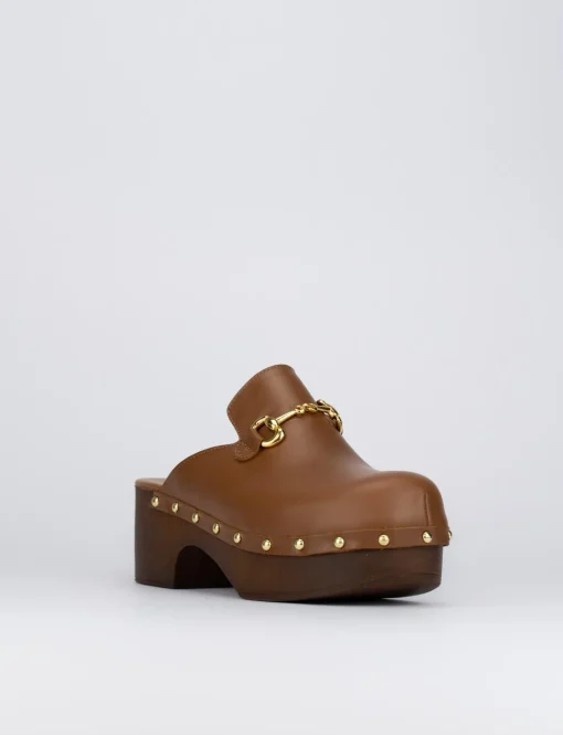 Sandalo zoccolo tacco 5 cm marrone pelle