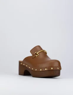 Sandalo zoccolo tacco 5 cm marrone pelle