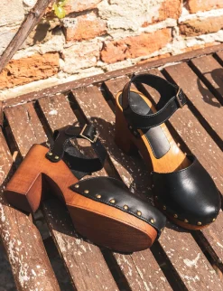 Sandalo zoccolo tacco 7cm con plateaux nero