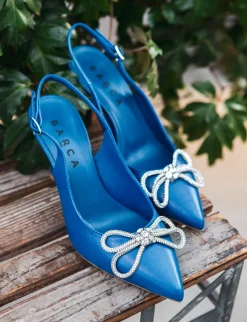 Slingback decoltè tacco 5 cm blu pelle