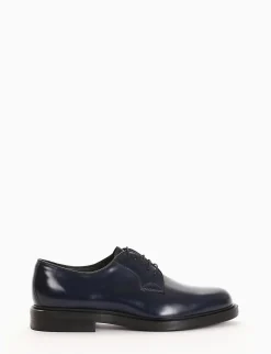 Stringata derby con tacco 3cm semplice ed elegante blu pelle