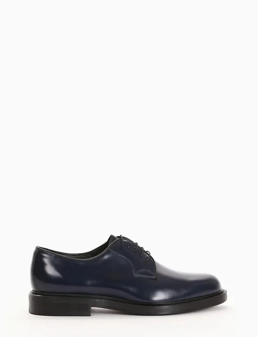 Stringata derby con tacco 3cm semplice ed elegante blu pelle