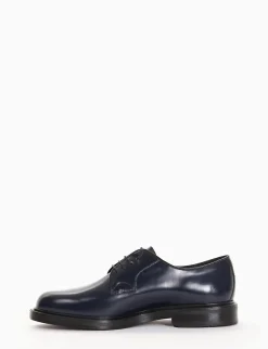 Stringata derby con tacco 3cm semplice ed elegante blu pelle