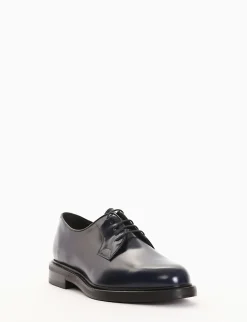 Stringata derby con tacco 3cm semplice ed elegante blu pelle