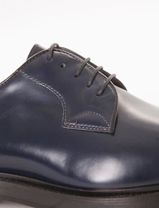 Stringata derby con tacco 3cm semplice ed elegante blu pelle